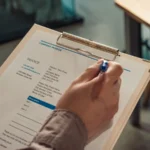 Tangan memegang clipboard dengan dokumen invoice perusahaan dan pena untuk penagihan pembayaran